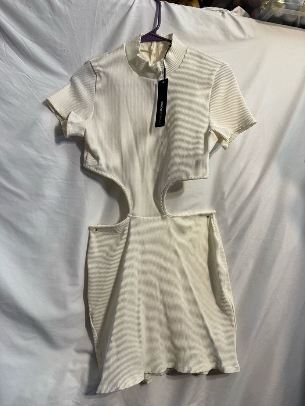 Fashion Nova Cream Ribbed Cutout Mini Dress with Mock Neckline